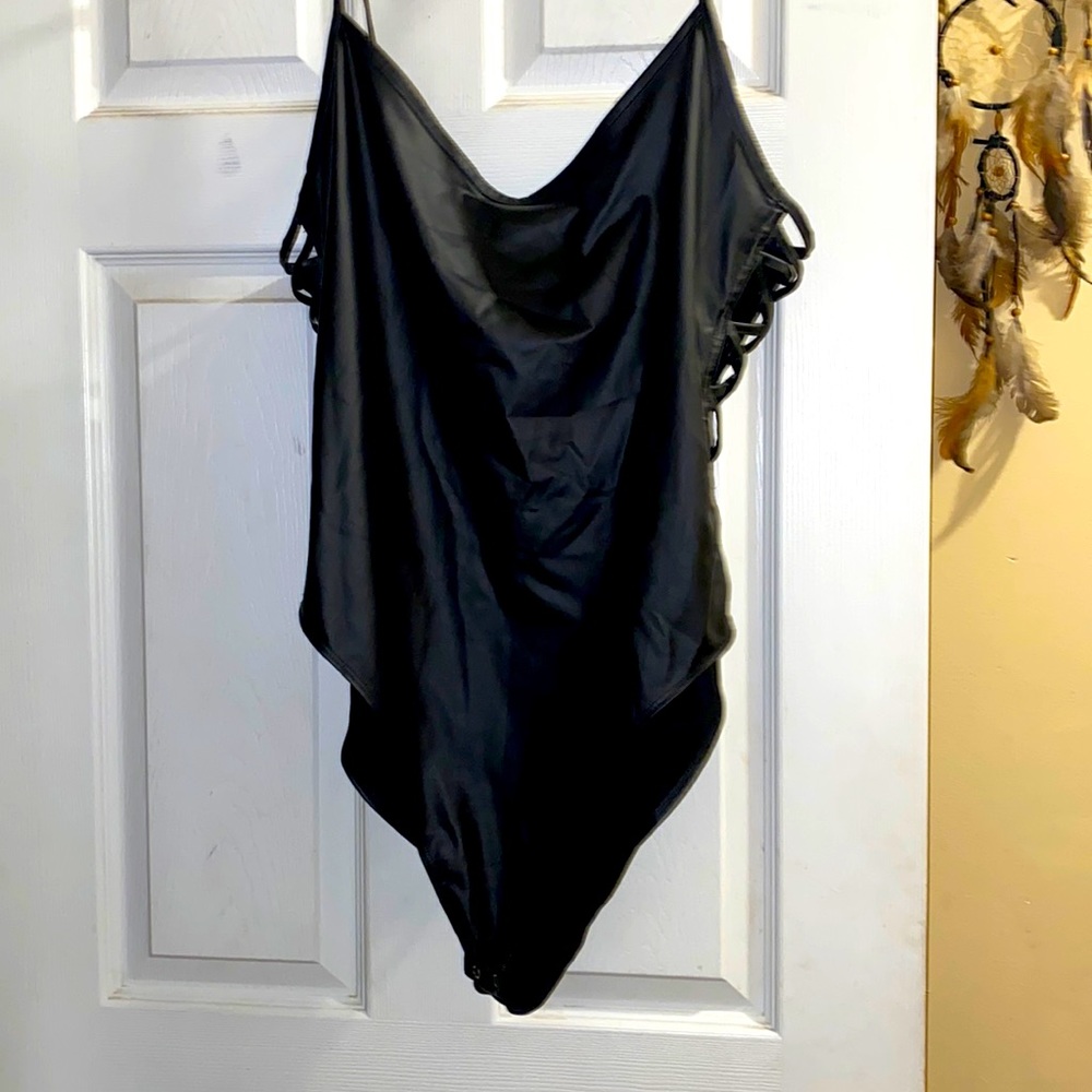 Brand New Vegan Leather Spaghetti Strap One Piece Swimsuit with snaps